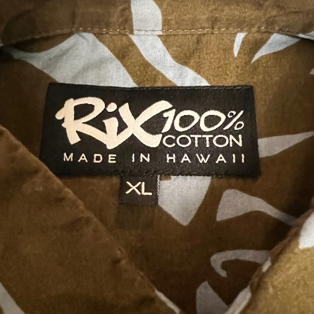 Rix Island‎ Wear Mens XL Aloha Hawaiian Shirt Olive Blue Tropical Leaf Cotton